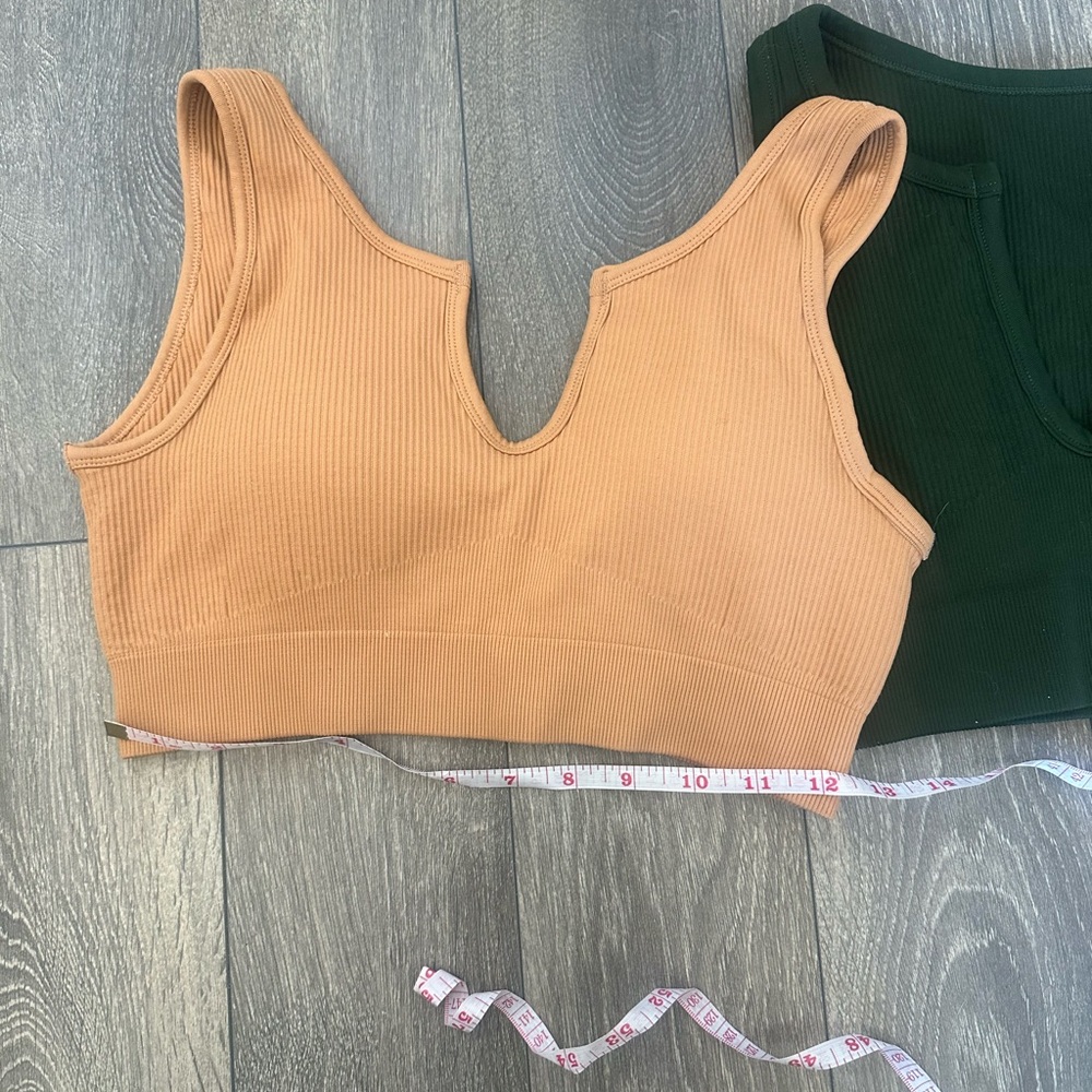 Ribbed V-Neck -Bras -with Cups -set of two - medium in Camel-Tan & forest green